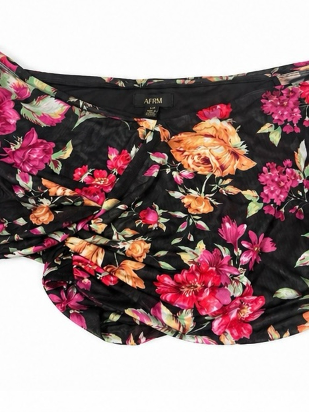 NWT AFRM Fabiola Top Black Floral Mesh Off Shoulder Ruched Stretch Small Revolve - Picture 3 of 4